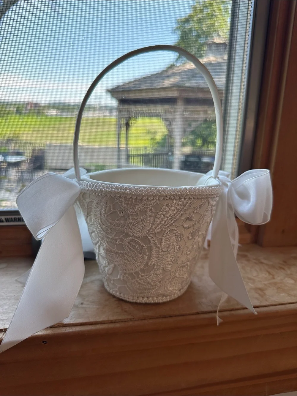 White Lace Flower Girl Basket with Satin Bows